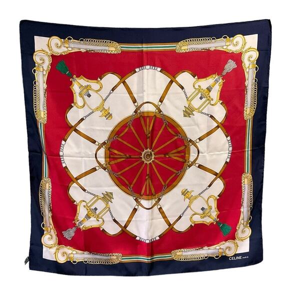 Vintage CELINE PARIS 100% Silk Scarf Horse Belt  Motif Red, Blue and White. - Picture 1 of 15